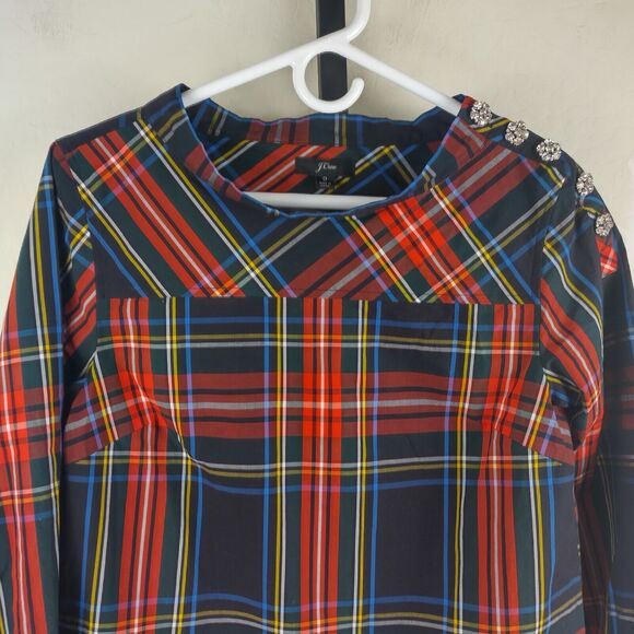 J Crew Funnelneck Shirt in Stewart Tartan Plaid Jeweled Rhinestone Button - Picture 5 of 9
